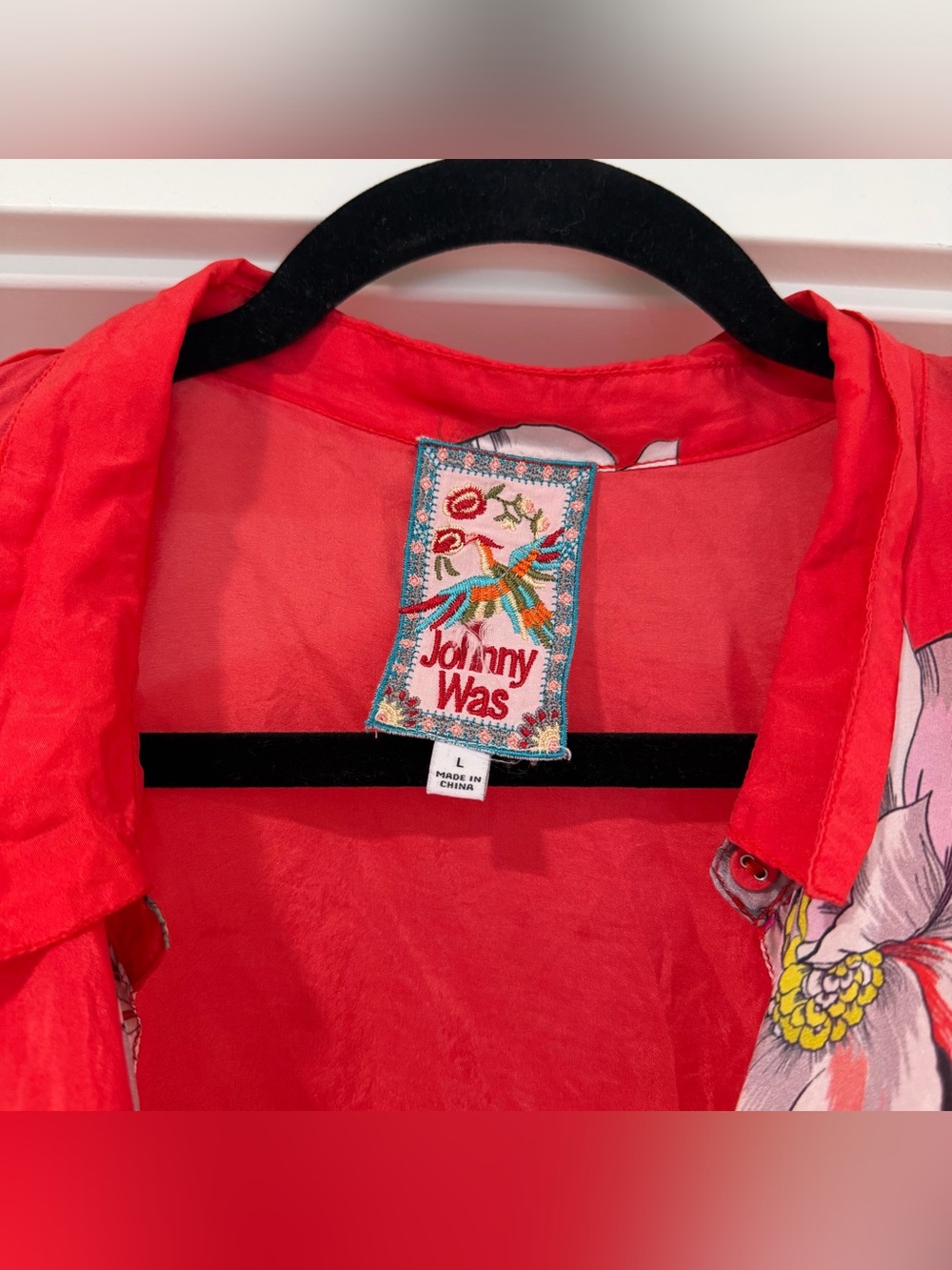 Johnny Was Silk Woven Red Floral Collared Button-Up Blouse 3/4 Sleeve L - Picture 2 of 10